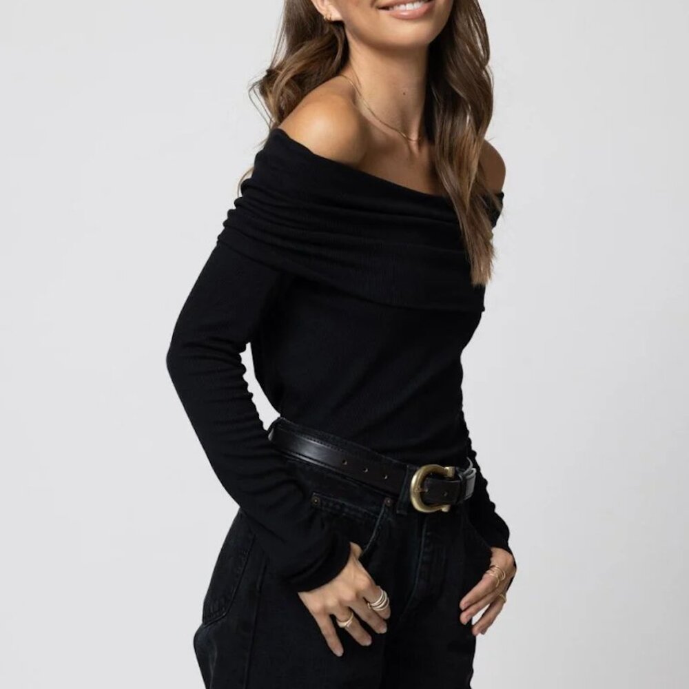 STILLWATER LA Paloma Black Rib off the Shoulder Knit Top